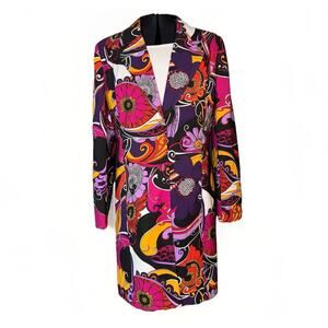 Metrostyle Size 14 Stretch Coat Bold Floral Psychedelic 60’s 70’s Long Jacket
